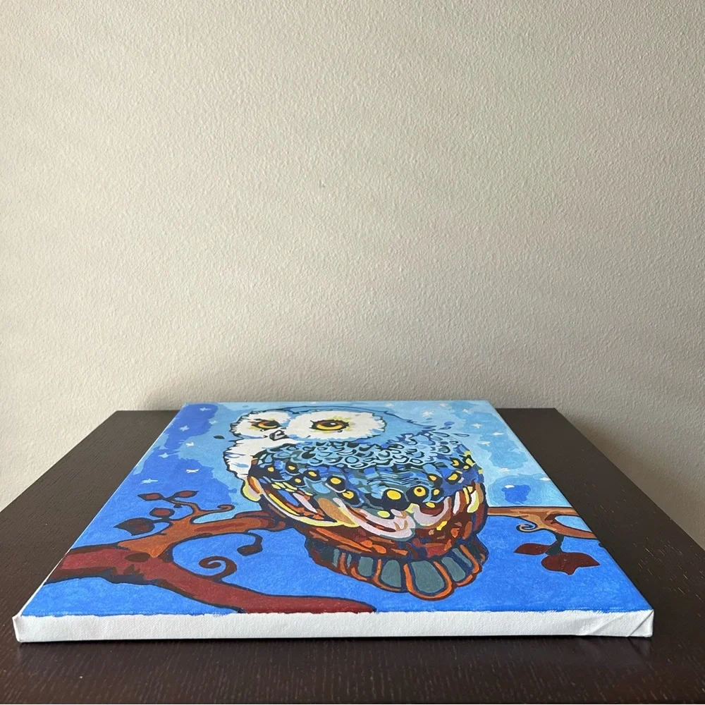 Canvas Oil Painting Blue Owl On Branch Paint by Numbers Stretched Wooden Frame - Picture 7 of 13